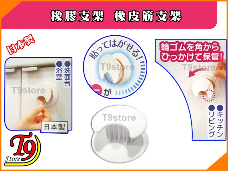 日本製橡膠支架 橡皮筋支架，一種用於固定橡皮筋的白色粘合掛牆鉤，具有日語文字、使用區域（浴室、廚房、客廳）和握住橡皮筋一角的演示。.